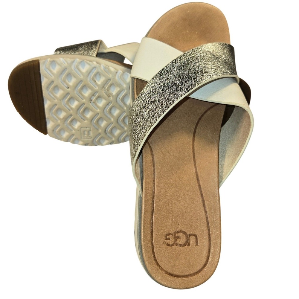 UGG Kari White Metallic Silver Leather Crisscross Slide Sandals 1018901 W 6 - Picture 4 of 8